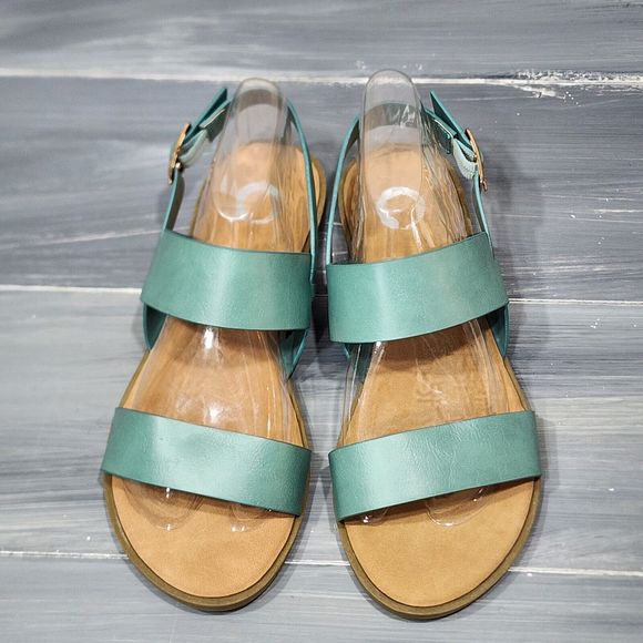 Journee Lavine Sandals Size 7 Blue Wide Strap‎ Gold Tone Buckle Flat Cushioned - Picture 2 of 11